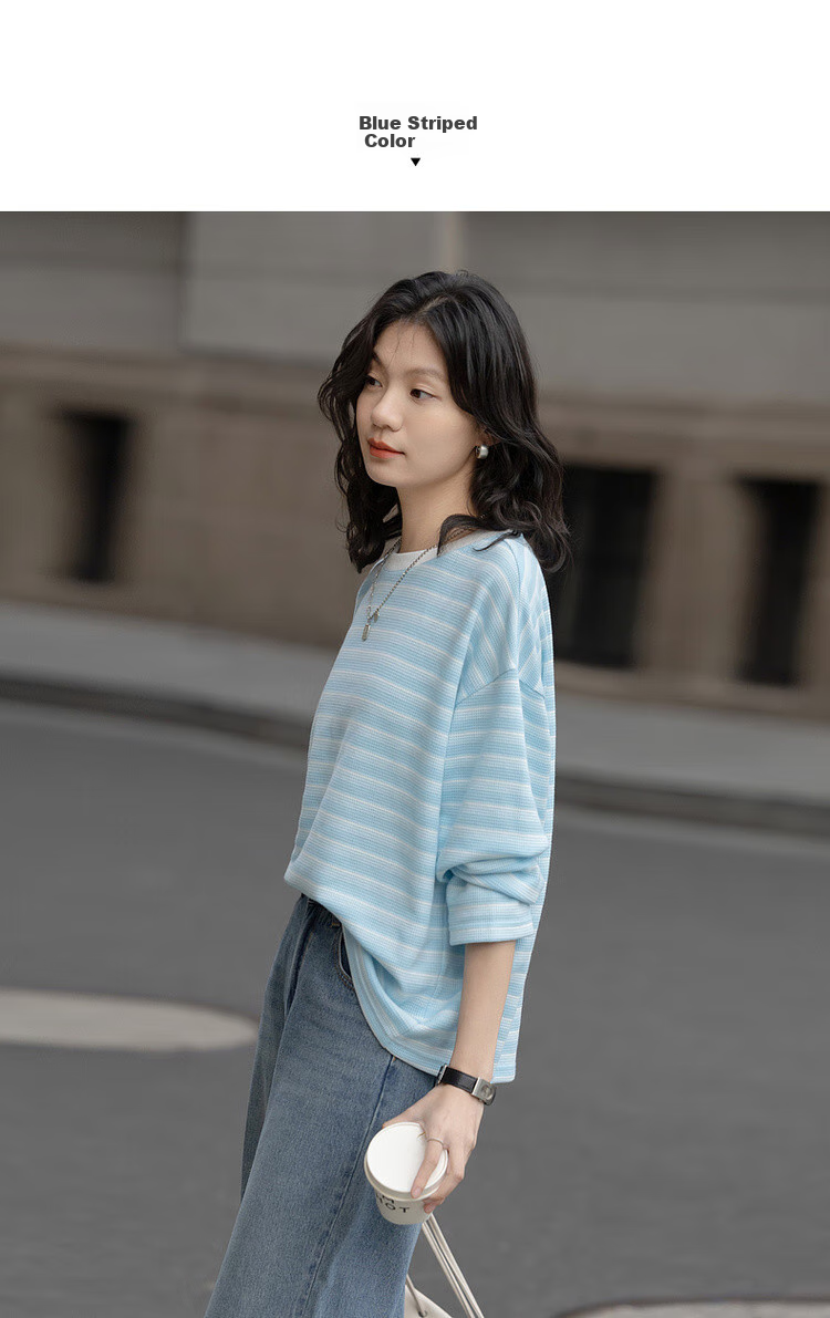 Dme [Coastline Diary] Spring Korean-Style Waffle Gradient Striped Top, Loose-Fitting, Flattering, Versatile Women's Sweatshirt 4