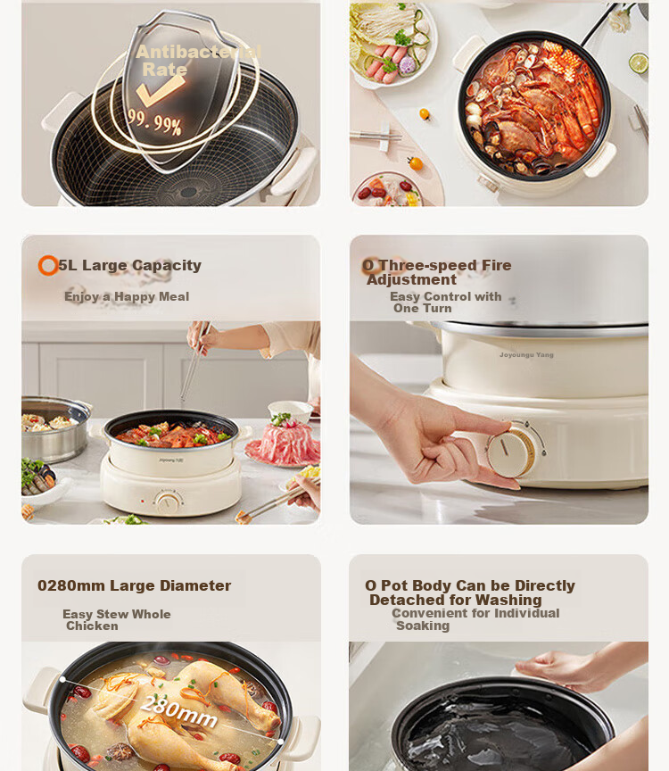 Joyoung Household 5L Large Capacity Electric Hot Pot, Detachable And Washable, Specialized Hot Pot, Electric Cooking Pot, Electric Wok, Multifunctional Non-Stick Pot HG50-G525 3