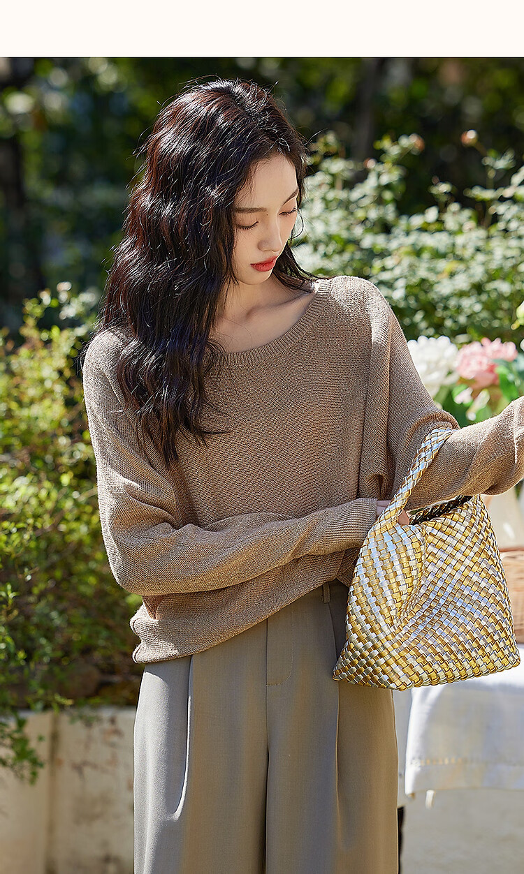 Dme [Jinsimian Sha] Spring And Autumn Lightweight Mature Retro Style Ribbed Round Neck Sweater, Batwing Sleeve, Concealing Knit Sweater, Women's Top 12