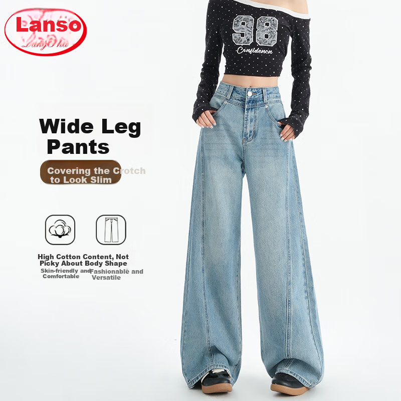 Джинсы LangSha Vintage Wide-Leg с высокой талией, прямые, расклешенные, синие, с винтажным дизайном, весенний стиль 2025