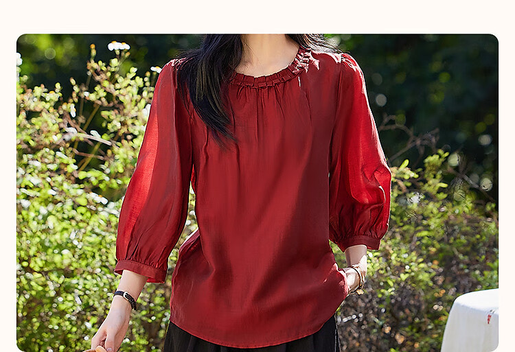 Dme [Lyocell Selection] Summer Pleated Round Neck Water Drop Button Blouse, Puff Three-Quarter Sleeve Shirt, Women's Top 4