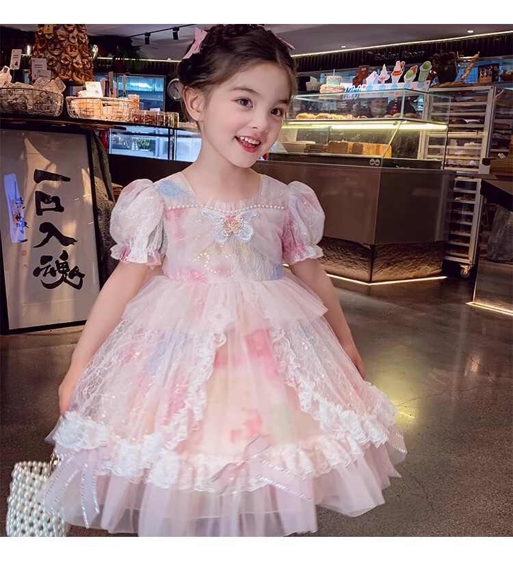Anneyol Girls' Princess Dress Summer Outfit Stylish Children's Lolita Tulle Dress with Puff Sleeves, Pink, Size 160 21