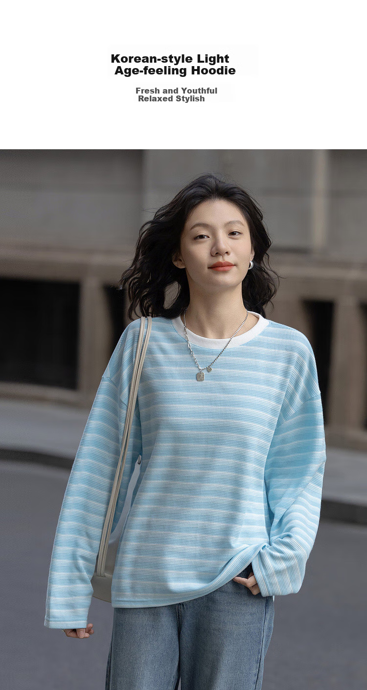 Dme [Coastline Diary] Spring Korean-Style Waffle Gradient Striped Top, Loose-Fitting, Flattering, Versatile Women's Sweatshirt 2