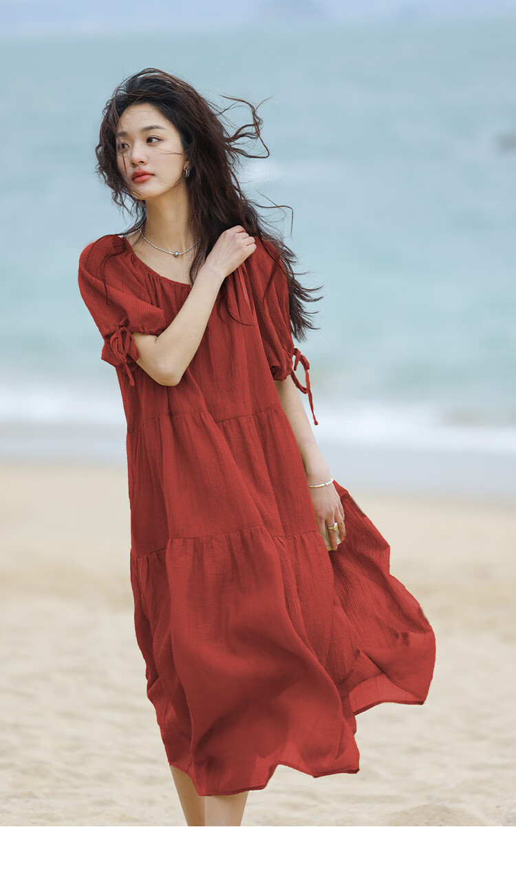 Dme Relaxed Fit Round Neck Long Dress Summer Vacation Fabric Textured Sleeve Cuff Drawstring Design Dress 13