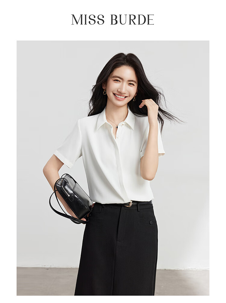 Bodexiaojie Blue Chiffon Short-Sleeve Blouse for Petite Women, Professional Work Top, Interview Formal Wear Shirt, Size L 11