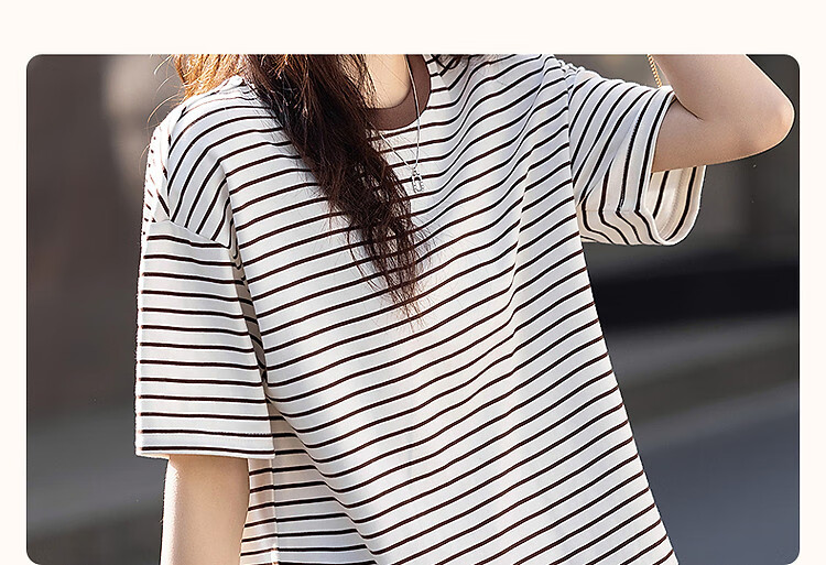Demana [Leisure Style] Summer Simple Retro Striped Five-Sleeve Loose Fit Slimming Women's T-Shirt 4