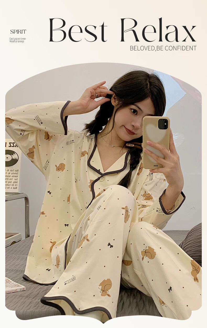 Hug Cotton Women's Pajamas Cartoon V-Neck Cardigan Loose Long Sleeve Long Pants Two-Piece Set Homewear Bear M 1