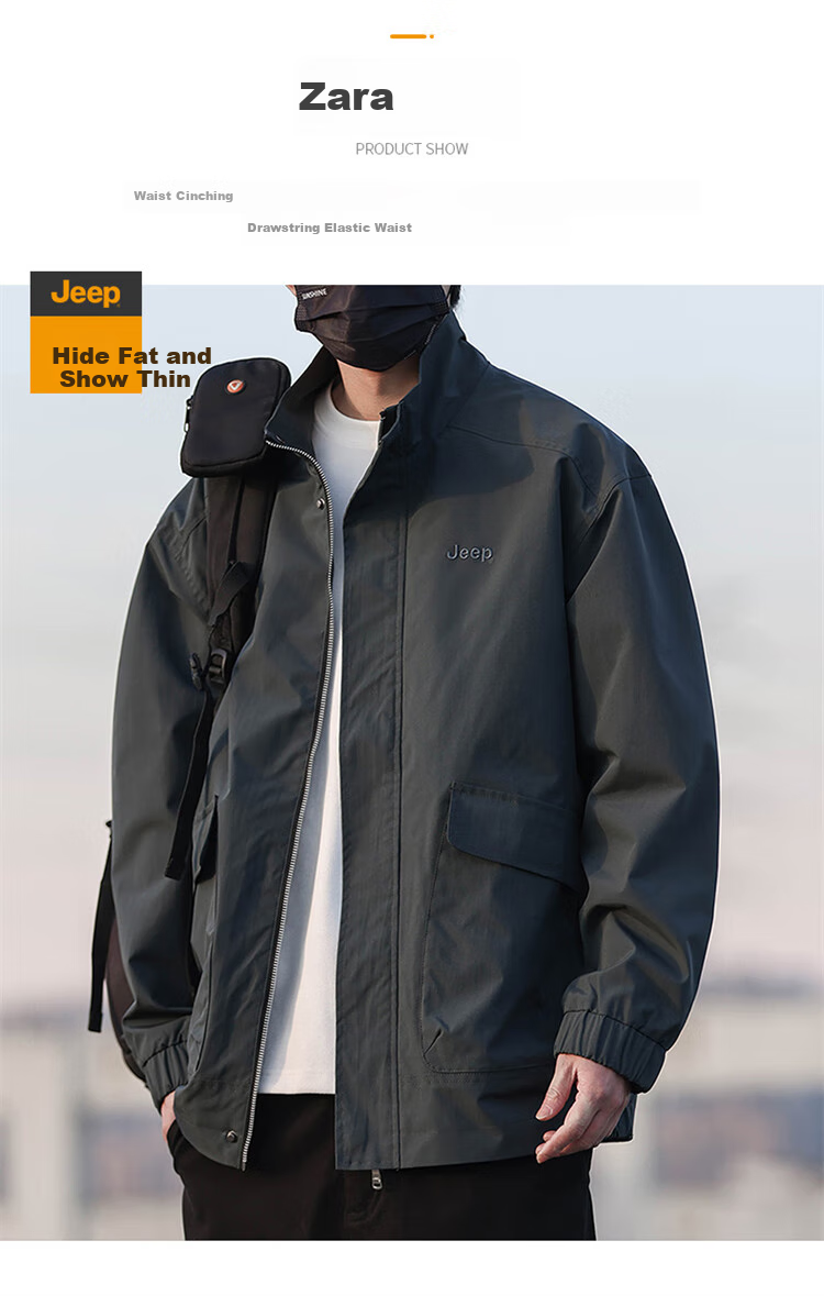 JEEP Men's Jacket, Spring And Autumn Outerwear, Stand-Up Collar, Loose Casual Menswear, Windbreaker Top, Black, 2XL 3