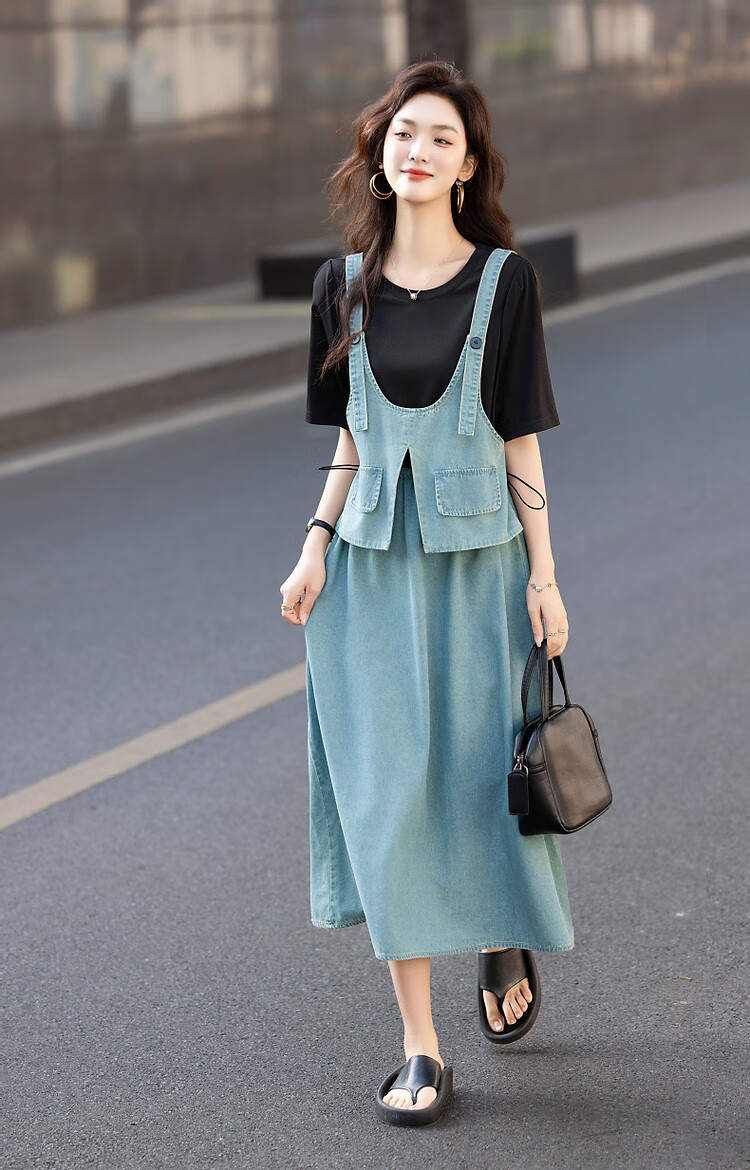 Demana Faux Two-Piece Layered Effect Summer Round Neck Cloud Cotton Denim Patchwork Mid-Length Women's Knit Dress 10