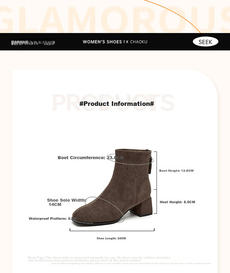 DAPHNE Suede Ankle Boots Women Chunky Mid Heels Slim Winter Fleece French Style Versatile Khaki Fleece Lined Boots Size 37 2