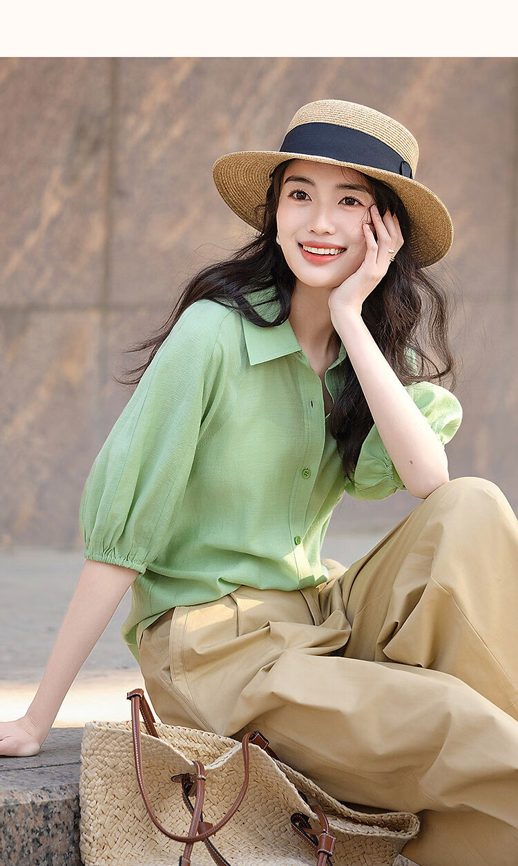 Demana [Su Jian Aesthetics] Summer Acetate Polyester Shirt with Panel Stitching and Elastic Lantern Sleeves Women's Top 34