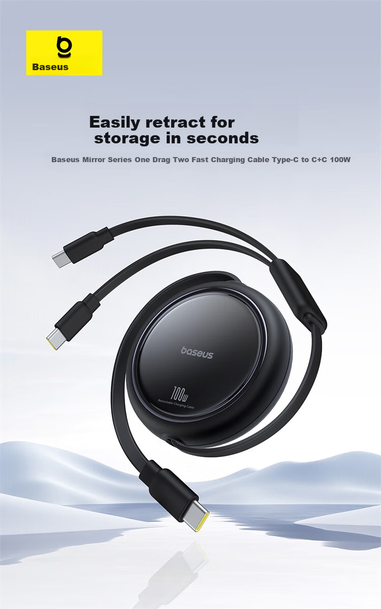 BASEUS Two-In Retractable Data Cable, Type-C to Dual USB-C Fast Charging Cable, Compatible with Apple 15/16/17/18, Xiaomi/Huawei, Car Phone Charger Cable 1