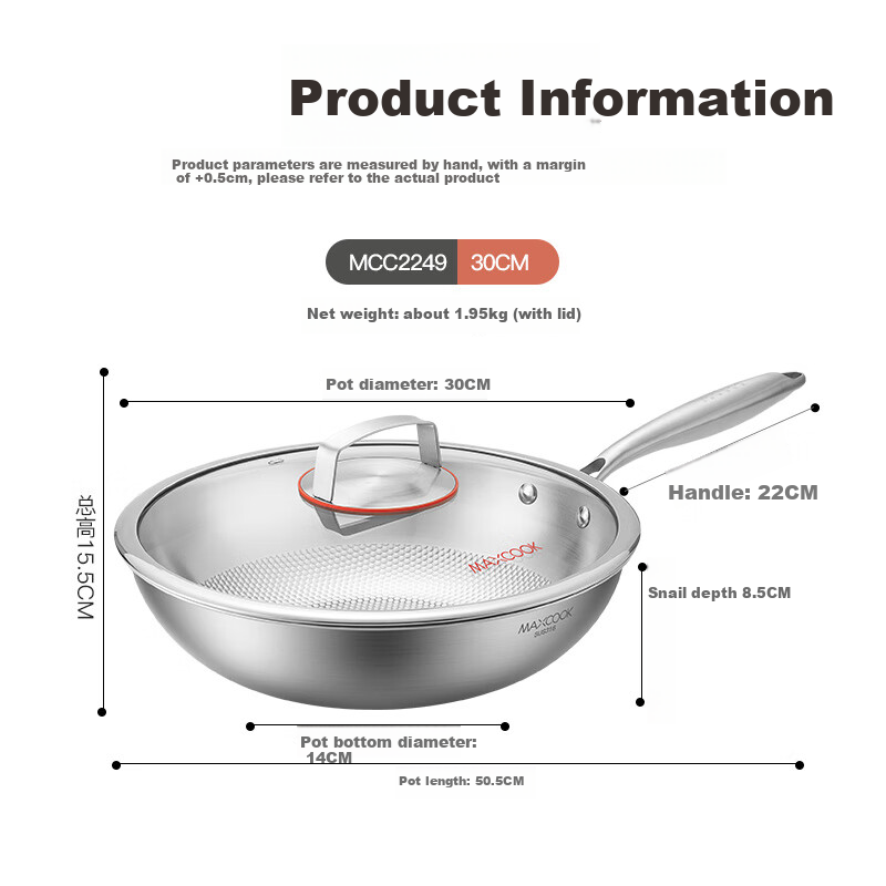 MAXCOOK 316 Stainless Steel Wok with Lid, 30cm Three-Layer Steel Pot, Compatible with Induction And Gas Stoves MCC2249