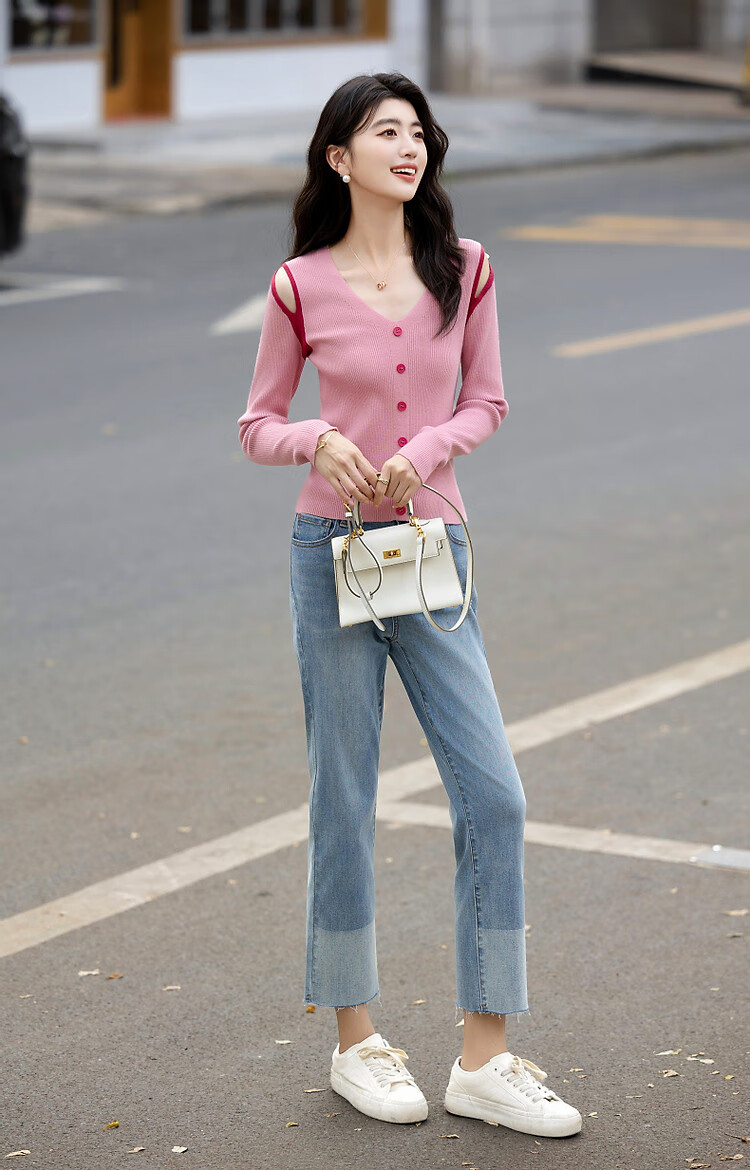 Dme [Soft Cloud Feel] Summer French Off-Shoulder V-Neck Sweater, Hollow-Out Contrasting Color Long-Sleeve Comfortable Knit Top for Wome 9