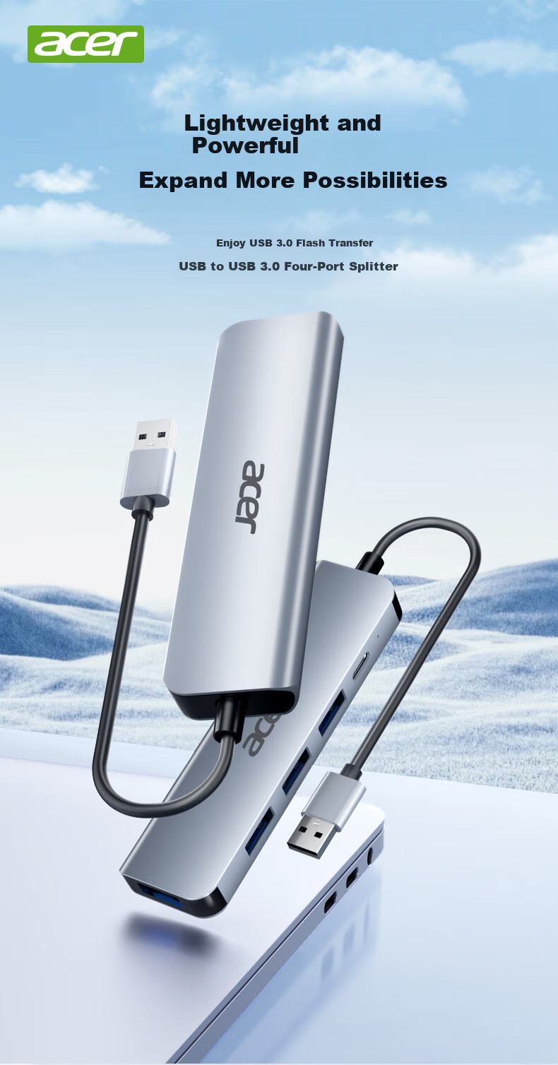 Acer USB3.0 Hub Expansion Dock, High-Speed 4-Port Hub Adapter for Laptops, Multi-Port Converter, Extension Cable with Type-C Power Supply 1