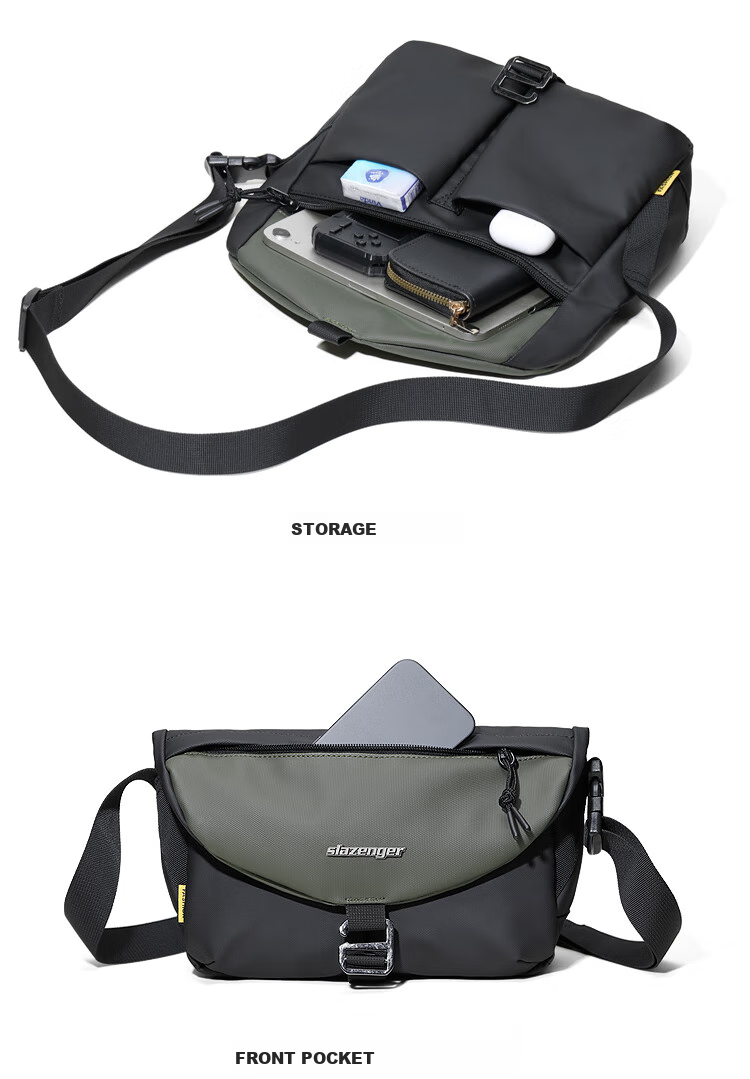 Slazenger Trendy Leather Functional Contrasting Color Men's Small Bag Fashionable Shoulder Crossbody Bag Lightweight Sports Messenger Bag for Men, Black And Gree 3