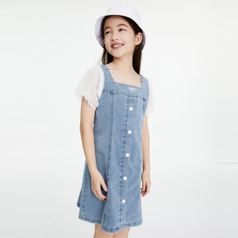 Annil Girls' Summer Dress, New Stylish Short-Sleeve Denim Skirt with Puff Sleeves for Trendy Little Girls