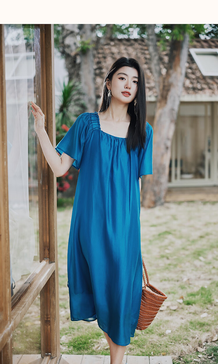 Demana Vintage Small Rose Summer Lightweight Glossy Lyocell Square Neck Ruffle Sleeve Belted A-Line Women's Dress 13