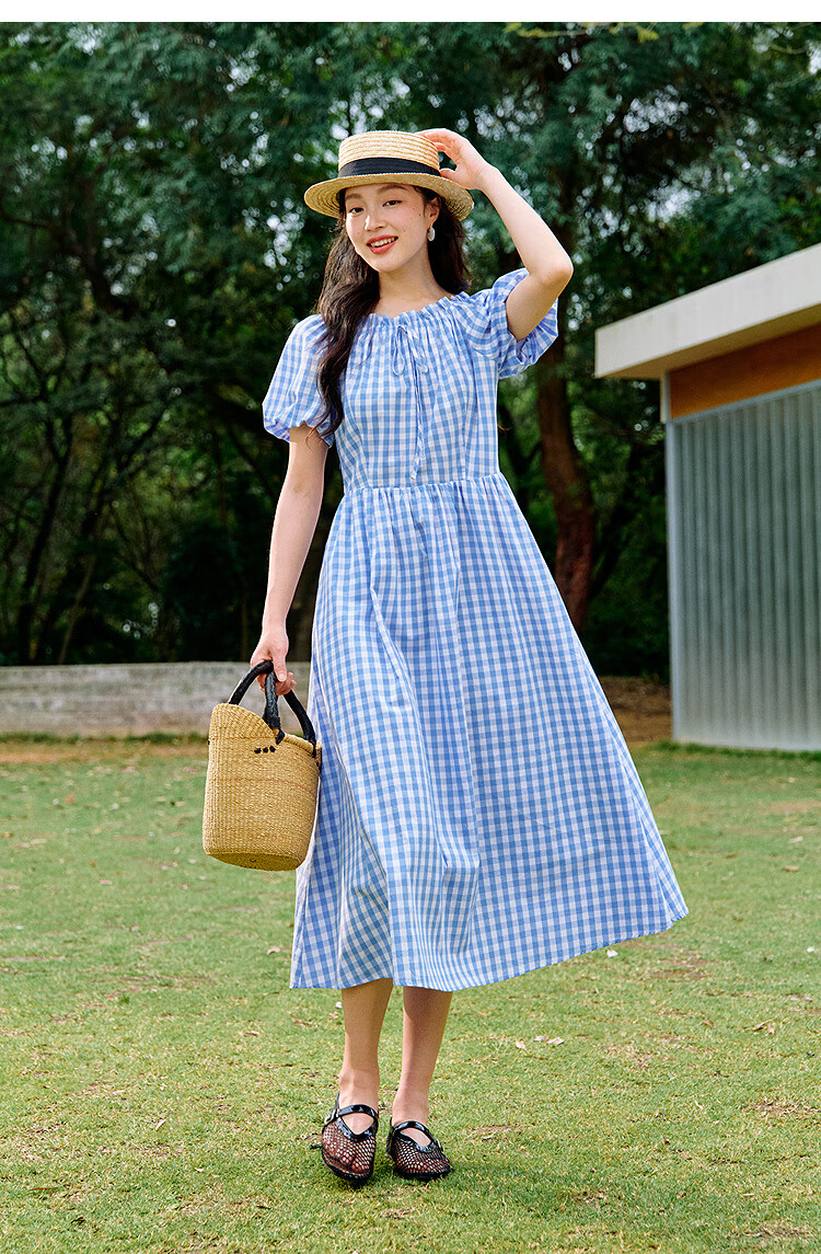INMAN French Plaid Dress Summer Women's Versatile Puff Sleeve A-Line Skirt Navy Blue S 34