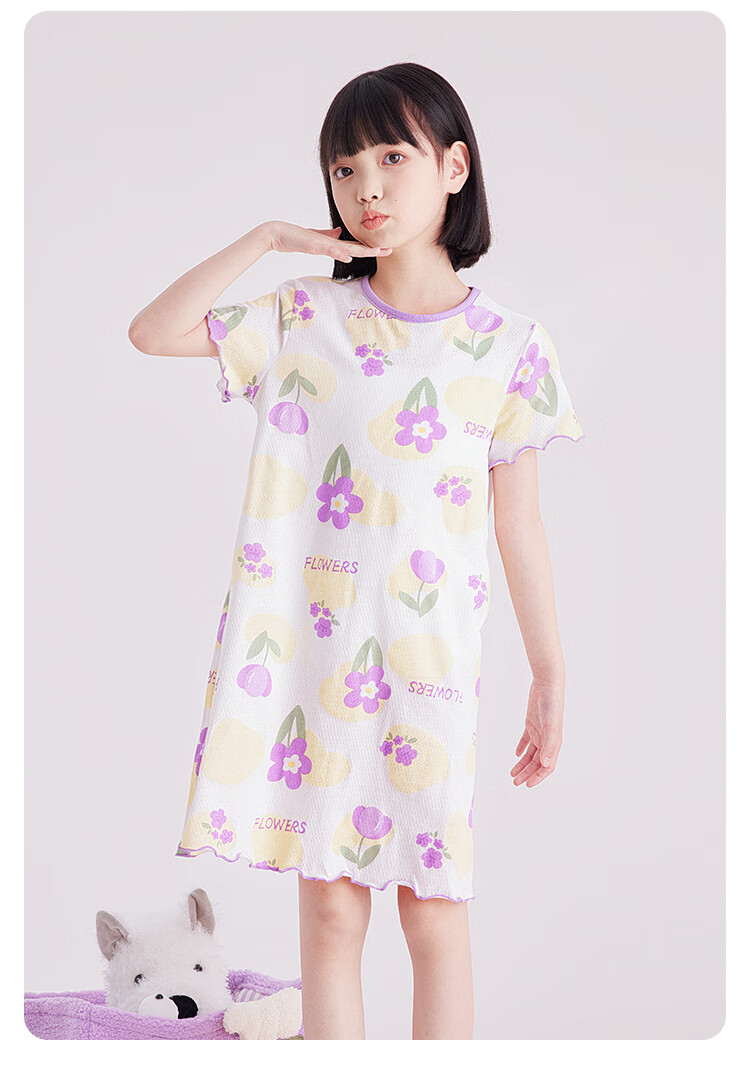 DEESHA Girls' Cotton Nightgown, Breathable Mesh Sleepwear, Lightweight Summer Dress for Young And Older Girls, White with Purple Floral Pattern, Size 110 5