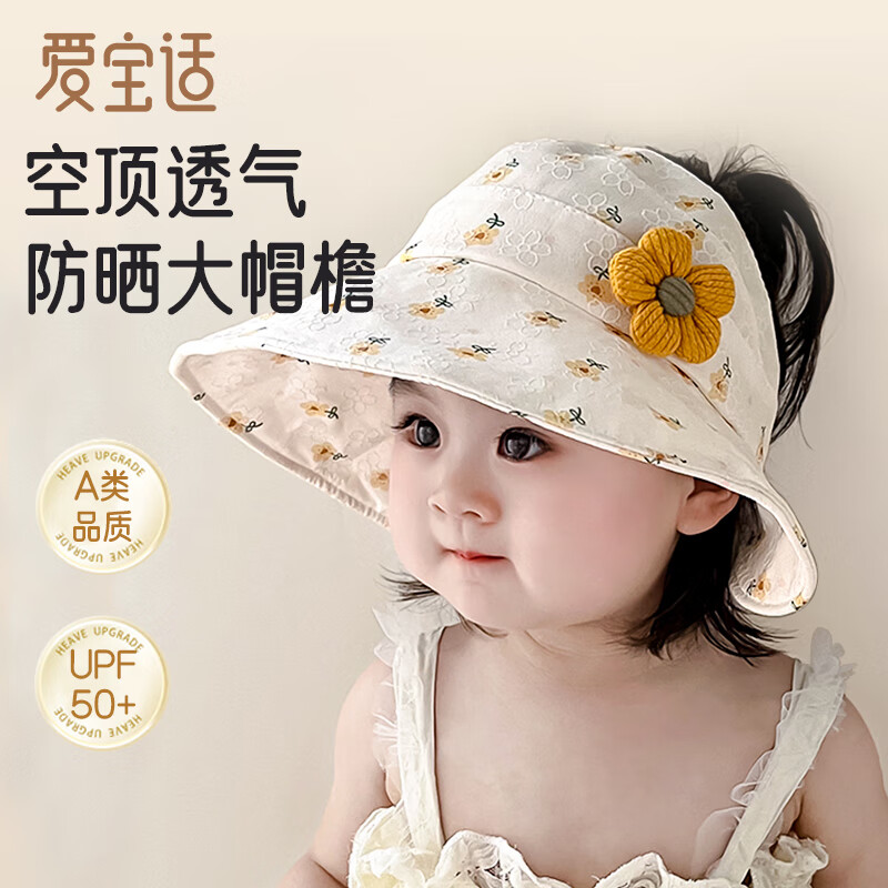 Aibao Baby Summer Sun Hat for Girls, Open-Top Sun Protection Hat with Large Brim, Yellow Floral T182