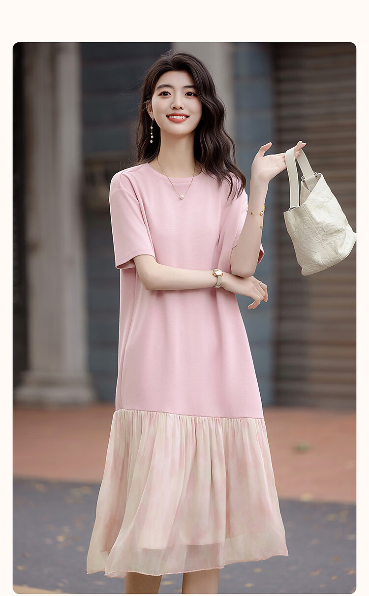 Demana Weekend Casual Summer French Style Round Neck Loose Waist Short Sleeve Printed Patchwork T-Shirt Dress for Women 2