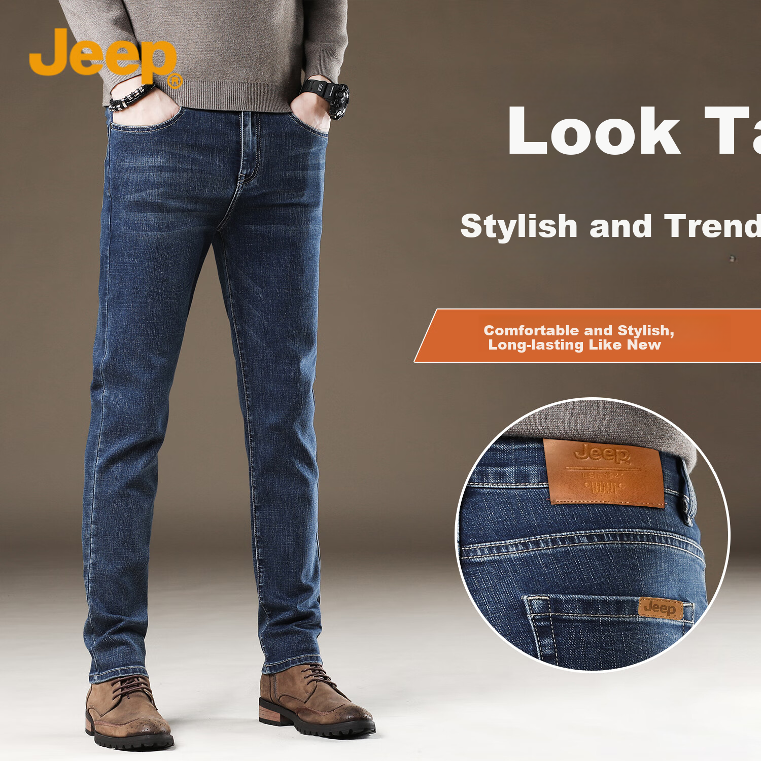 JEEP Spring New Fashion Straight-Leg High-End Men's Jeans, Trendy Pants for Men, 561 Blue, Size 30