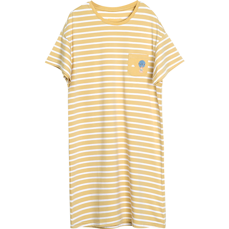 Hodohome Girls' Children's Pajamas, Class A Cotton-Spandex Striped Sweet Cute Nightgown, Loose-Fitting Dress Suitable for Outdoor Wear, 272 Yellow, Size 140