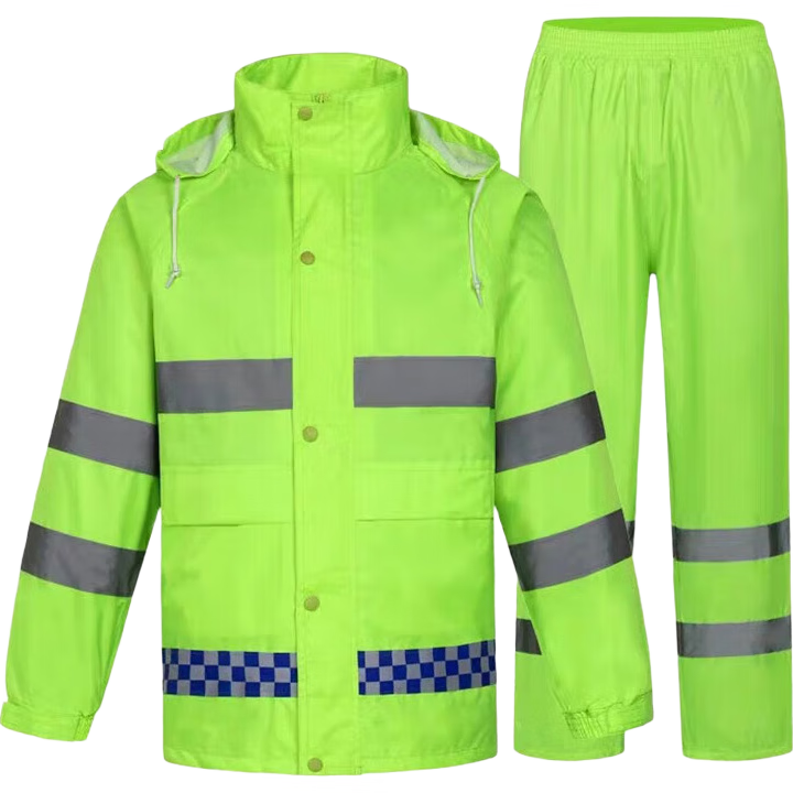 Caiyile Reflective Raincoat And Rain Pants Set, Two-Piece Flood Prevention Road Administration Warning Traffic Work Uniform Protective Rainwear, Fluorescent Green, Size 2XL