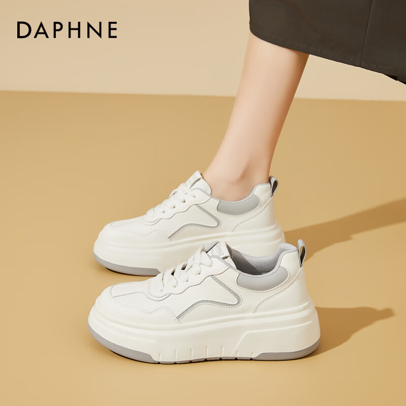 DAPHNE Genuine Leather Thick-Soled White Sneakers for Women, 2025 Spring New Versatile Height-Increasing Casual Sports Shoes, Gray