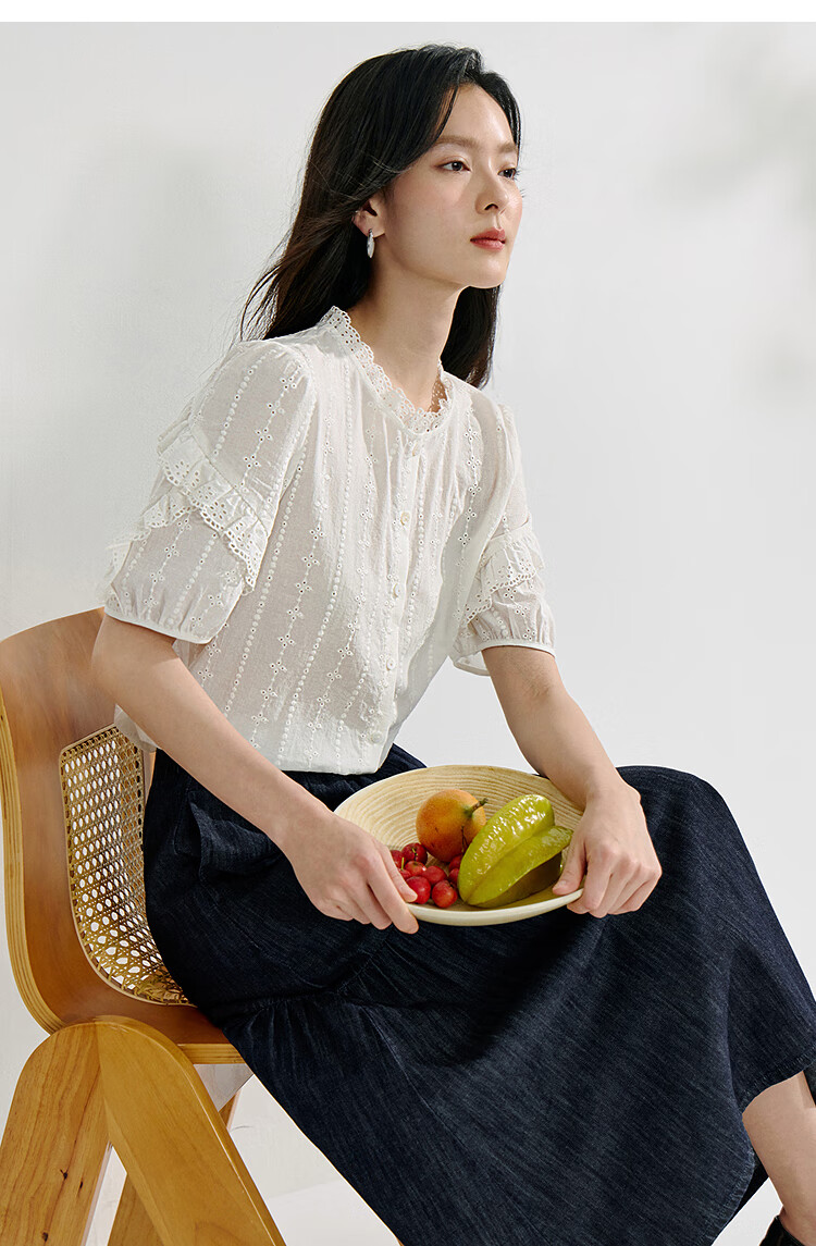 Inman Lotus Leaf Collar Hollow Embroidered Pure Cotton Shirt 2025 Summer Women's Vacation Style Puff Sleeve Blouse Pearl White M 15