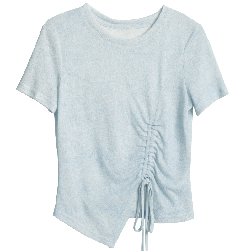 Olrain Oureier Solid Color Irregular Ruched Simple T-Shirt Summer New Waist Ruched Design Top Blue S
