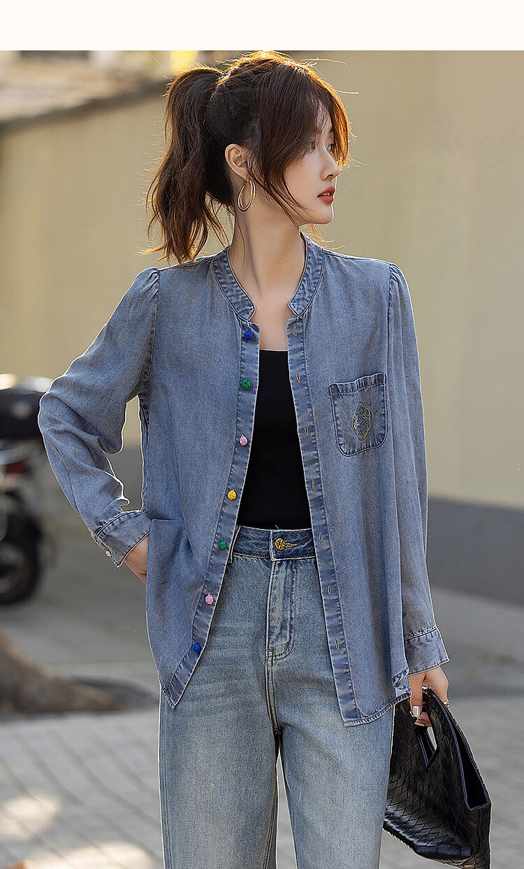 Dme [100% Lyocell Fiber] Spring Light Luxury Chinese Style Embroidered Shirt, Stand-Up Collar, Colorful Button Blouse, Women's Top 11