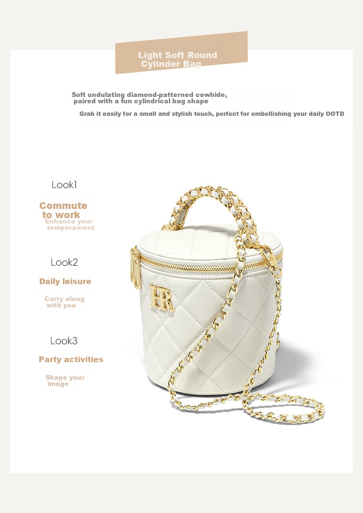 HR Women's Handbag, Top-Grain Leather Bucket Bag, Shoulder Crossbody Bag with Chain, Small Round Purse, Birthday Gift for Wome 3