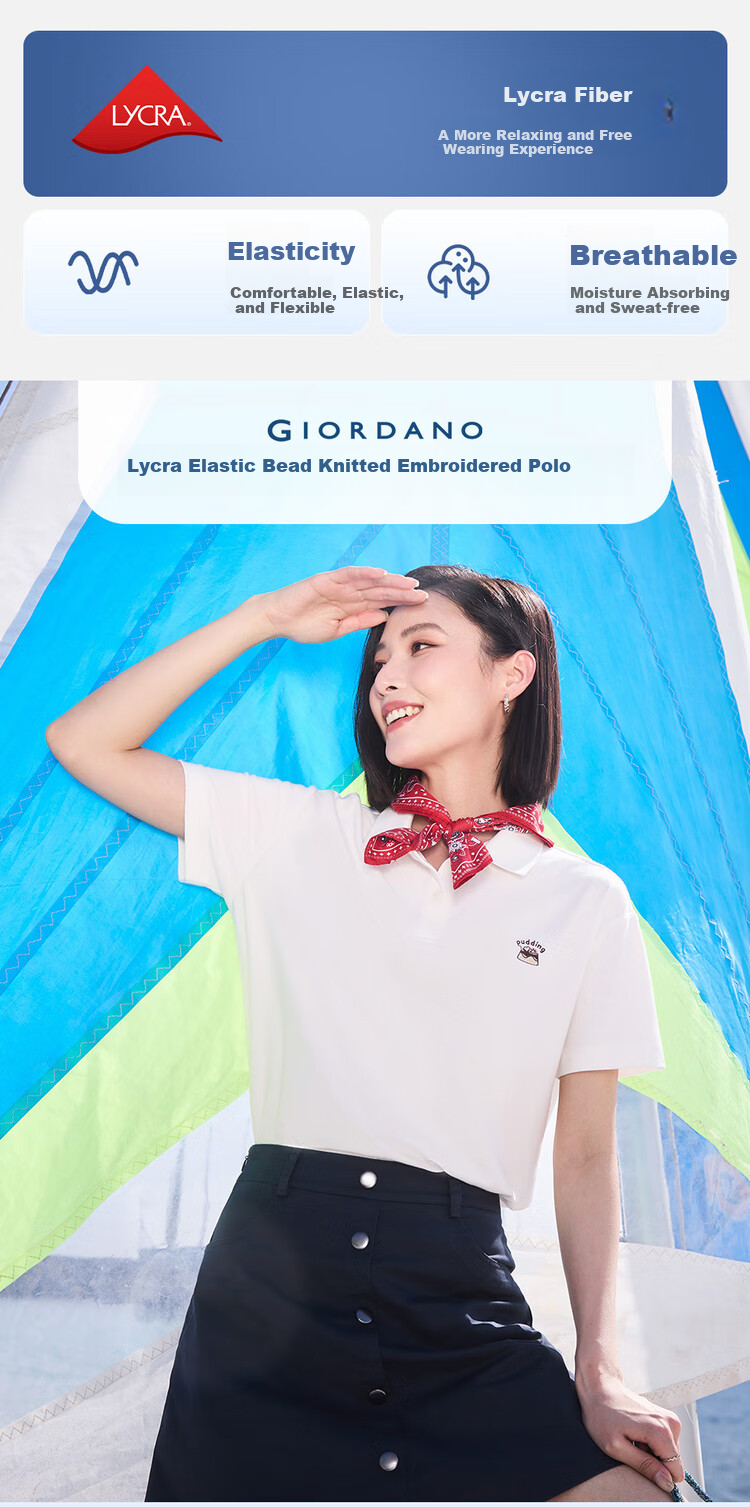 Giordano Women's Short-Sleeve Polo Shirt, Lycra Cotton Pique Fabric, Energetic Small Embroidery, Turn-Down Collar Top, 05315390 3