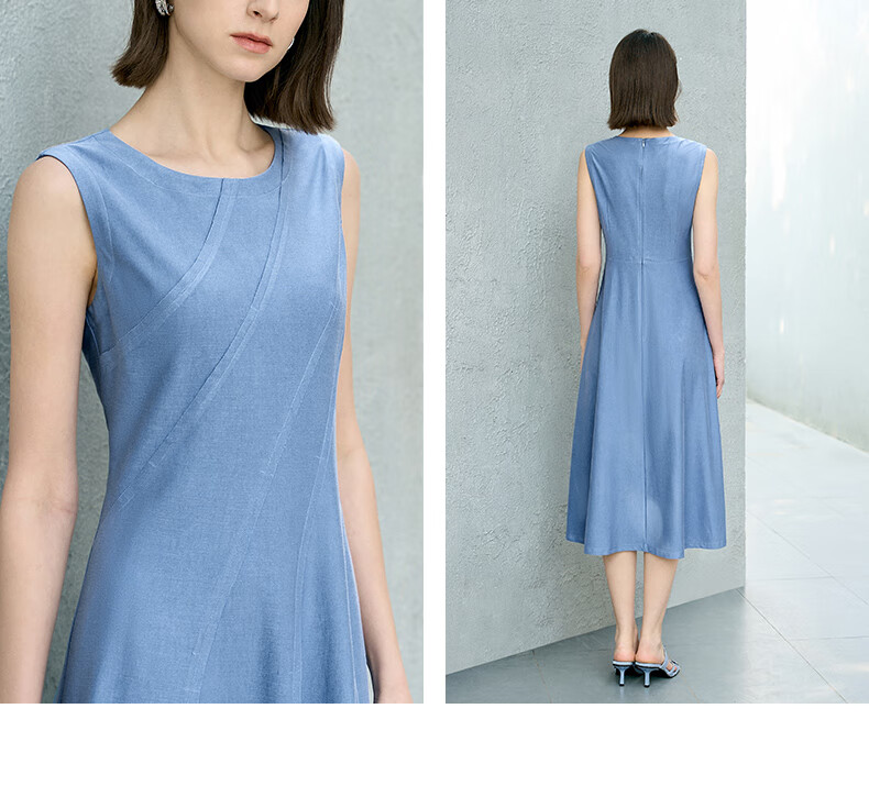YANYEE Solid Color Vest Dress 2025 Summer Premium Blue Waist-Cinched Over-the-Knee Work Dress Blue M 13