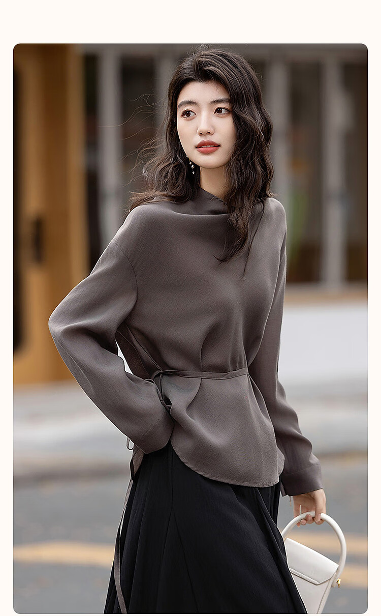 Dme [Designer's Private Label], Autumn Elegant Flowing Collar Shirt with Tie-Up Back, Long-Sleeve Blouse, Women's Top 2