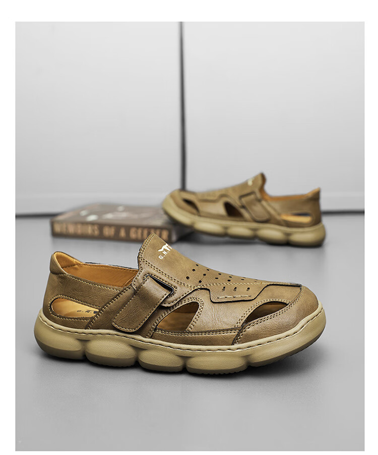 Bull Family Men's Sandals 2026 New Summer Breathable Hollow Out Beach Shoes Soft Leather Soft Sole Slippers for Men 13