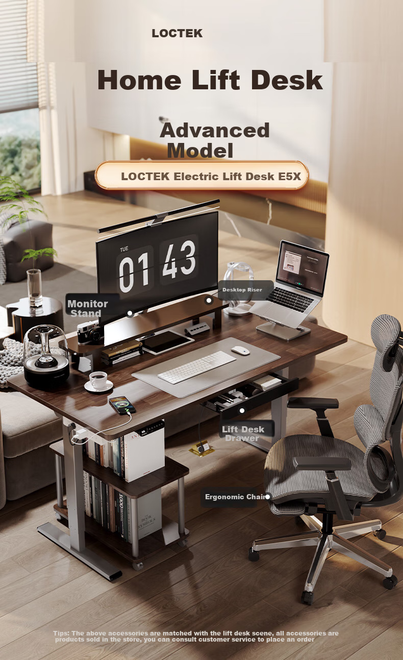 Loctek Electric Height Adjustable Desk, Computer Desk, Standing Desk for Office And Study, E5X-1.4M, Gray Wood Grain Color 1