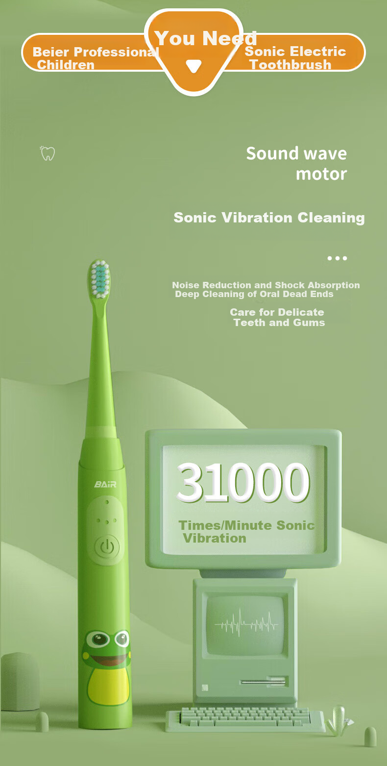 BAIR Children's Electric Toothbrush for Ages 3-6 Non-U Shape Soft Bristles Fully Automatic Sonic Wave Gift for Kids K3 3