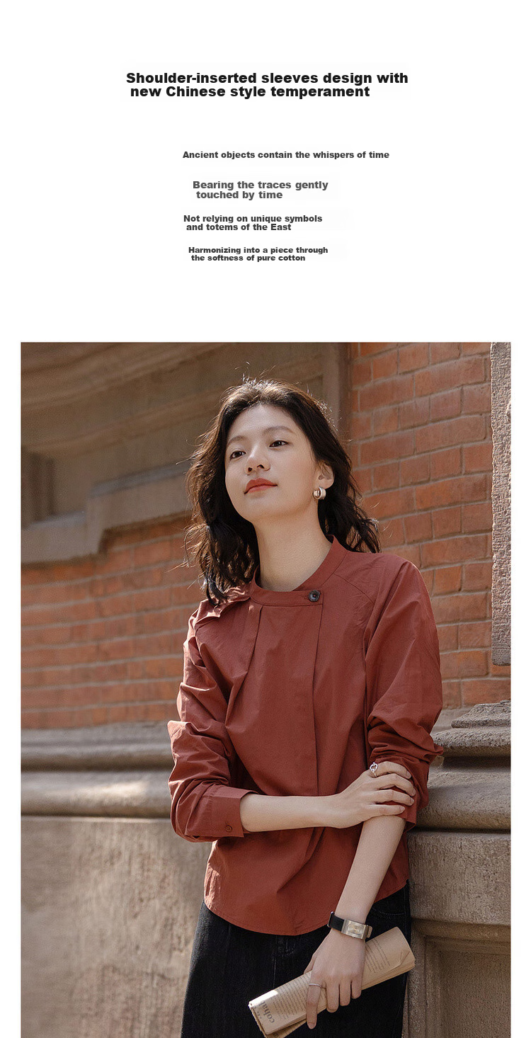 Dme [Pure Cotton Comfort Zone] Spring Chinese Style New Chic Pleated Round Neck Shirt, Lazy Loose-Fitting Blouse Top 2