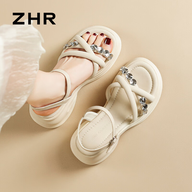 ZHR Zese Women's Fairy Style One-Strap Soft Thick Sole Sandals French Style Dress Sandals CE16 Beige Size 37