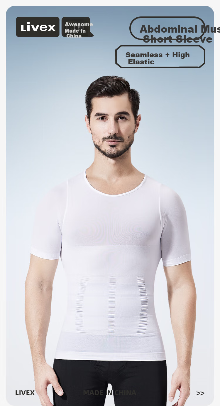 Livex Men's Tummy Control Shaping Shirt, Short-Sleeved Fitness Workout, High-Elastic Waist And Chest Binder, Slimming Breathable Tight-Fitting Top 1