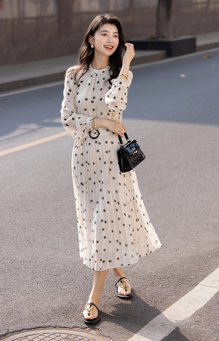 Dme [Elegant French Girl] Autumn Vintage Polka Dot Waist-Cinching Pleated Skirt with Ruched Hem, A-Line Women's Dress 9