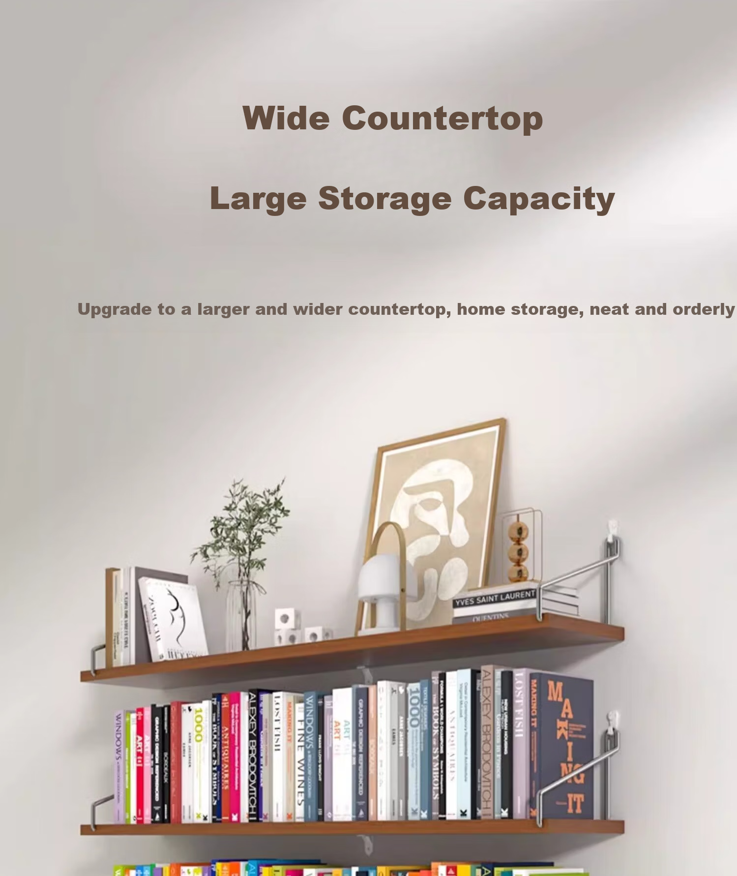 Anerya Wall-Mounted Storage Rack, No Drilling Required, Wall-Hanging Kitchen Shelf, Wooden Board Bookshelf, Storage Organizer, 60cm 4