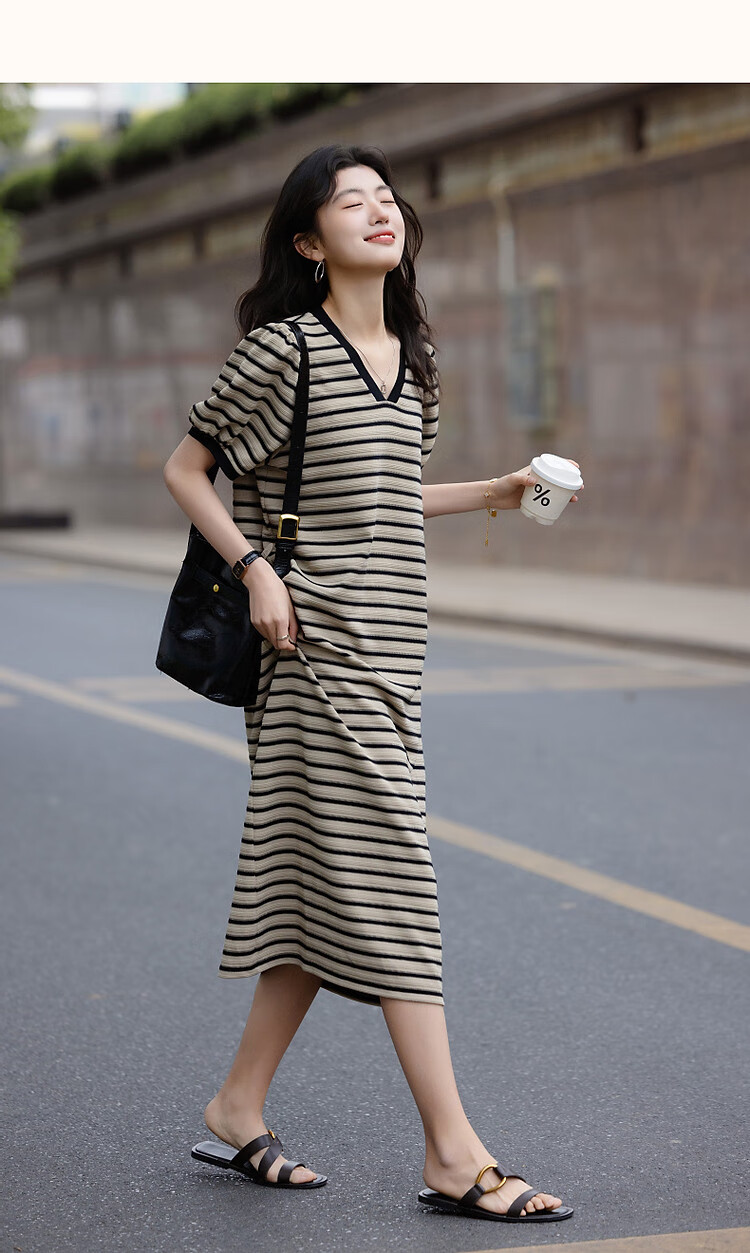 Demana Women's Summer V-Neck Striped Puff Sleeve Ribbed Splice Loose Knit Dress with Soft Cloud Cotton 16