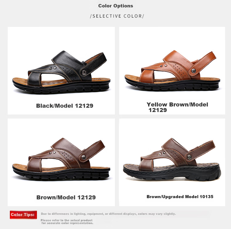EGCHI Men's Sandals, Outdoor Slippers, Top-Grain Leather, Breathable Beach Shoes, 12129 Brown, Size 39 15