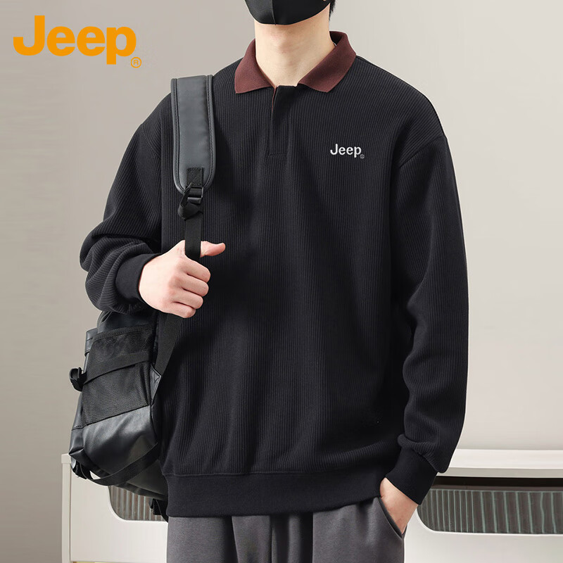 JEEP Men's Sweatshirt, Spring And Autumn Heavyweight Polo Collar Long Sleeve Casual Top, Black, 3XL