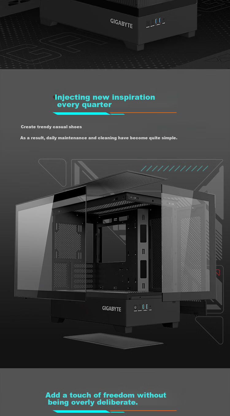 GIGABYTE Pukong C201G Panoramic Top And Bottom Compartment Case, Black Tempered Glass Side Panel, Compatible with Top And Side 360/240 Water Cooling Radiator, Quick-Release Dust Filter, Black M-ATX 3