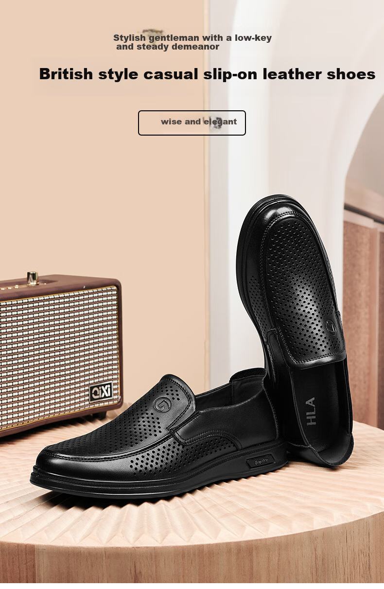 HLA Men's Leather Shoes, Business Casual Breathable Slip-On Leather Sandals for Men HAAPXM2FBH182, Black, Size 39 1